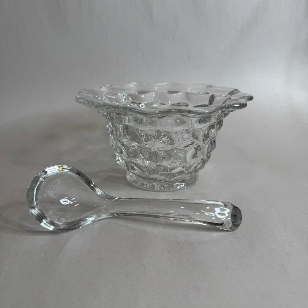 Vintage Fostoria American Clear‎ Glass Mayonnaise Bowl with Ladle Ruffled Edge
